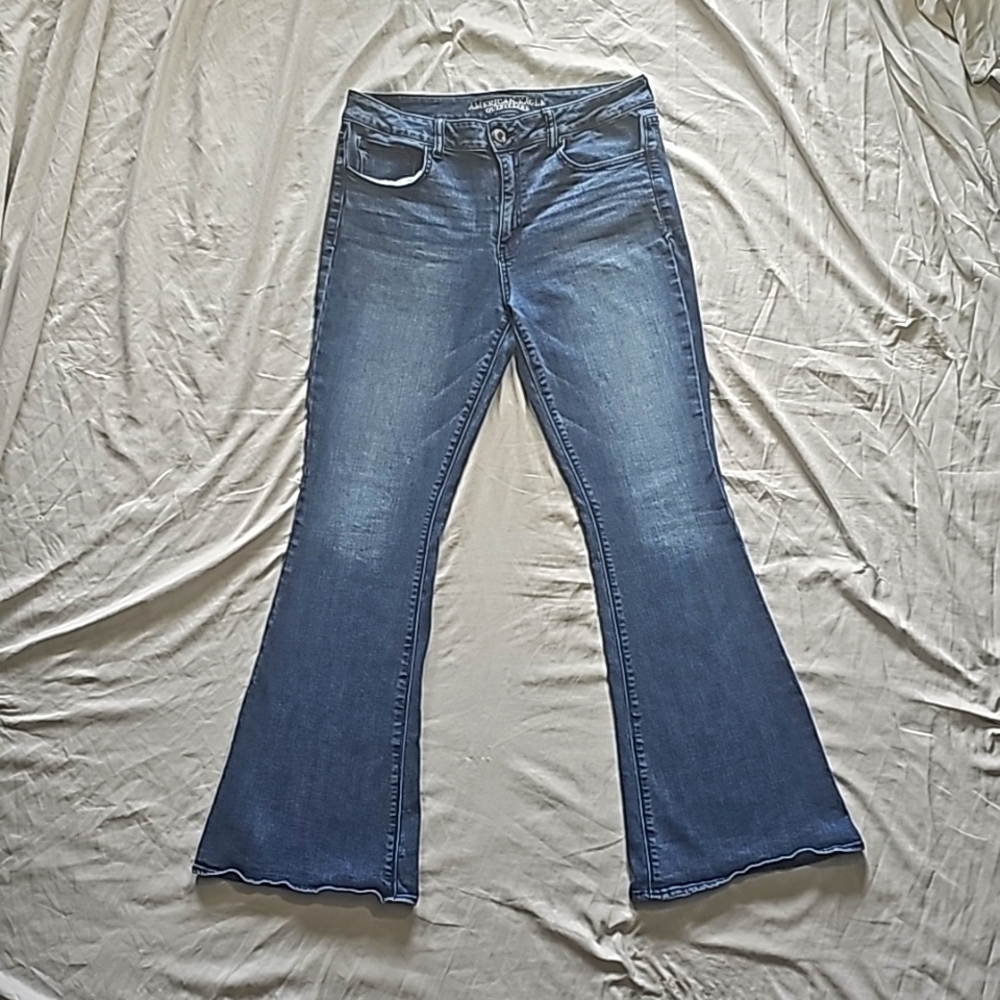 AEO Dark Blue Faded Stretch Hi-Rise Artist Flare Jeans sz 14 R